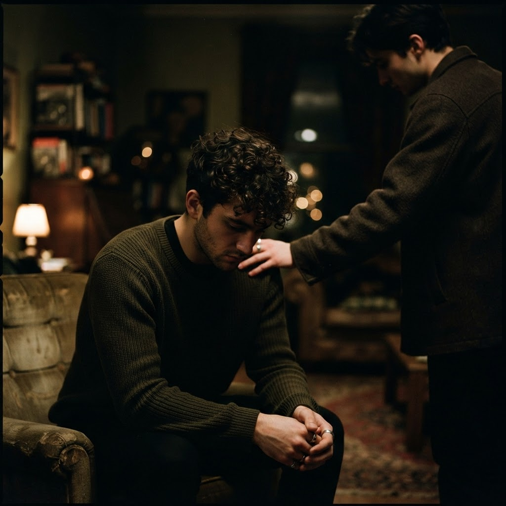 Young man with curly hair, one hand on his shoulder, in a dark room