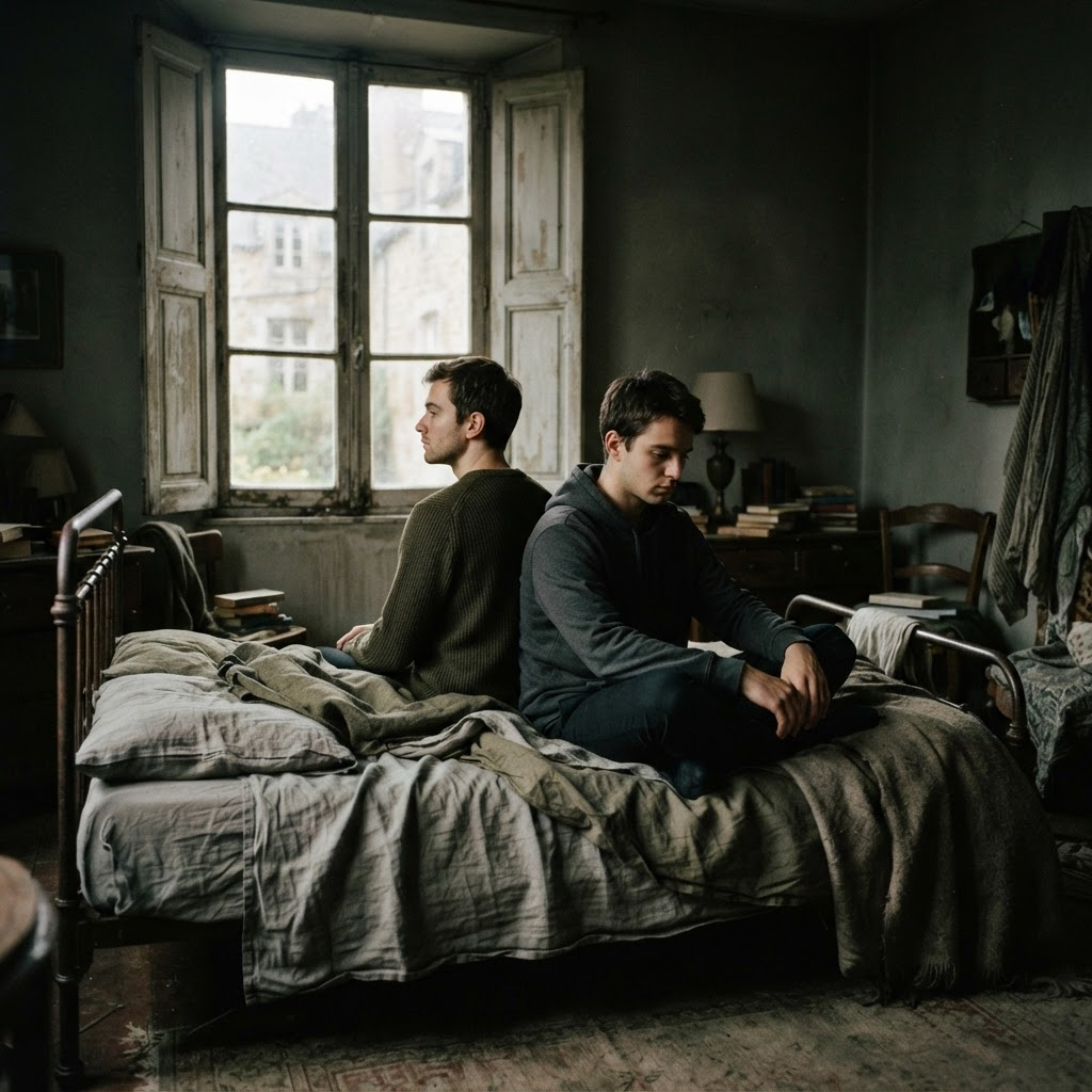Two young men sitting back-to-back on a bed near a window