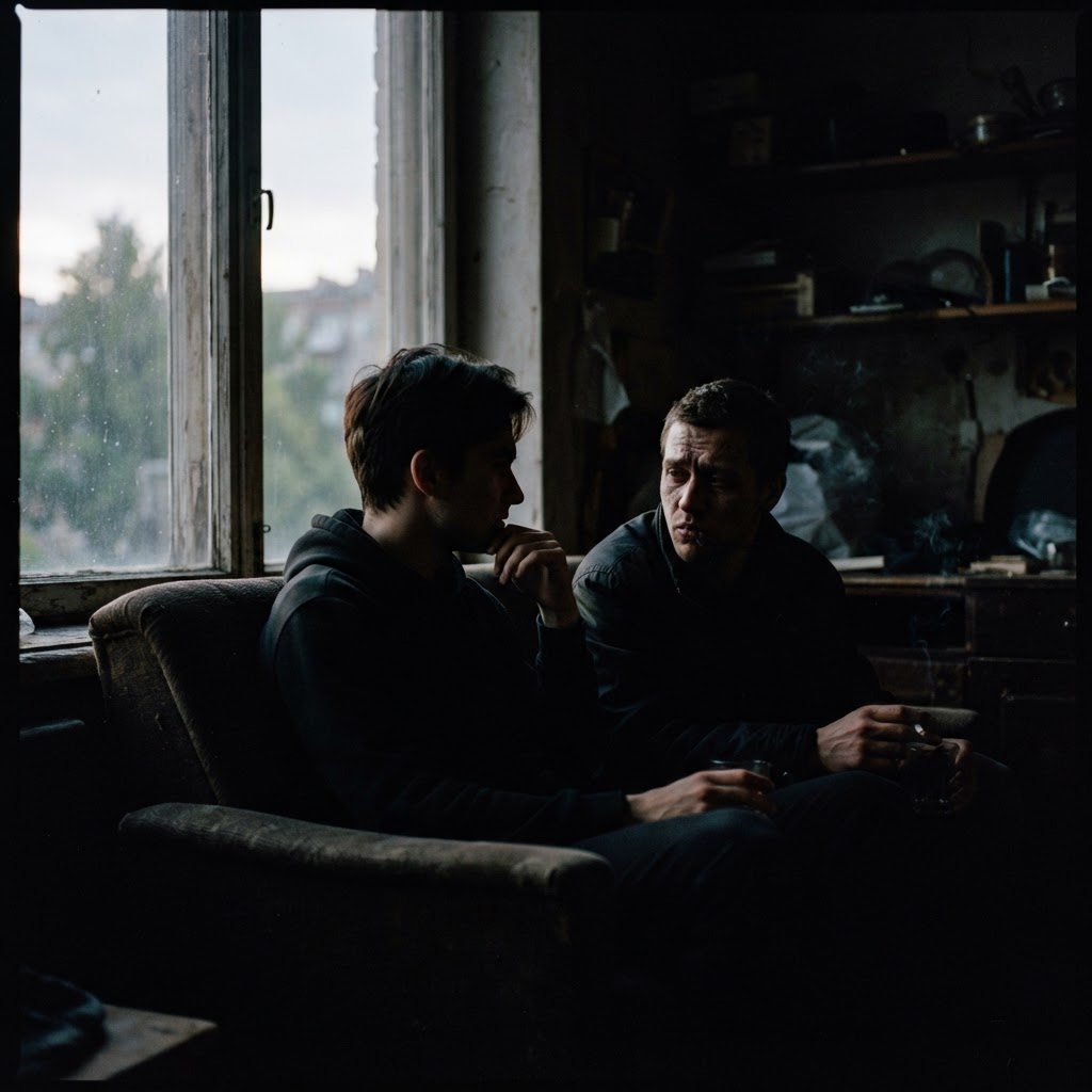 Silhouettes of two young men in a dark room