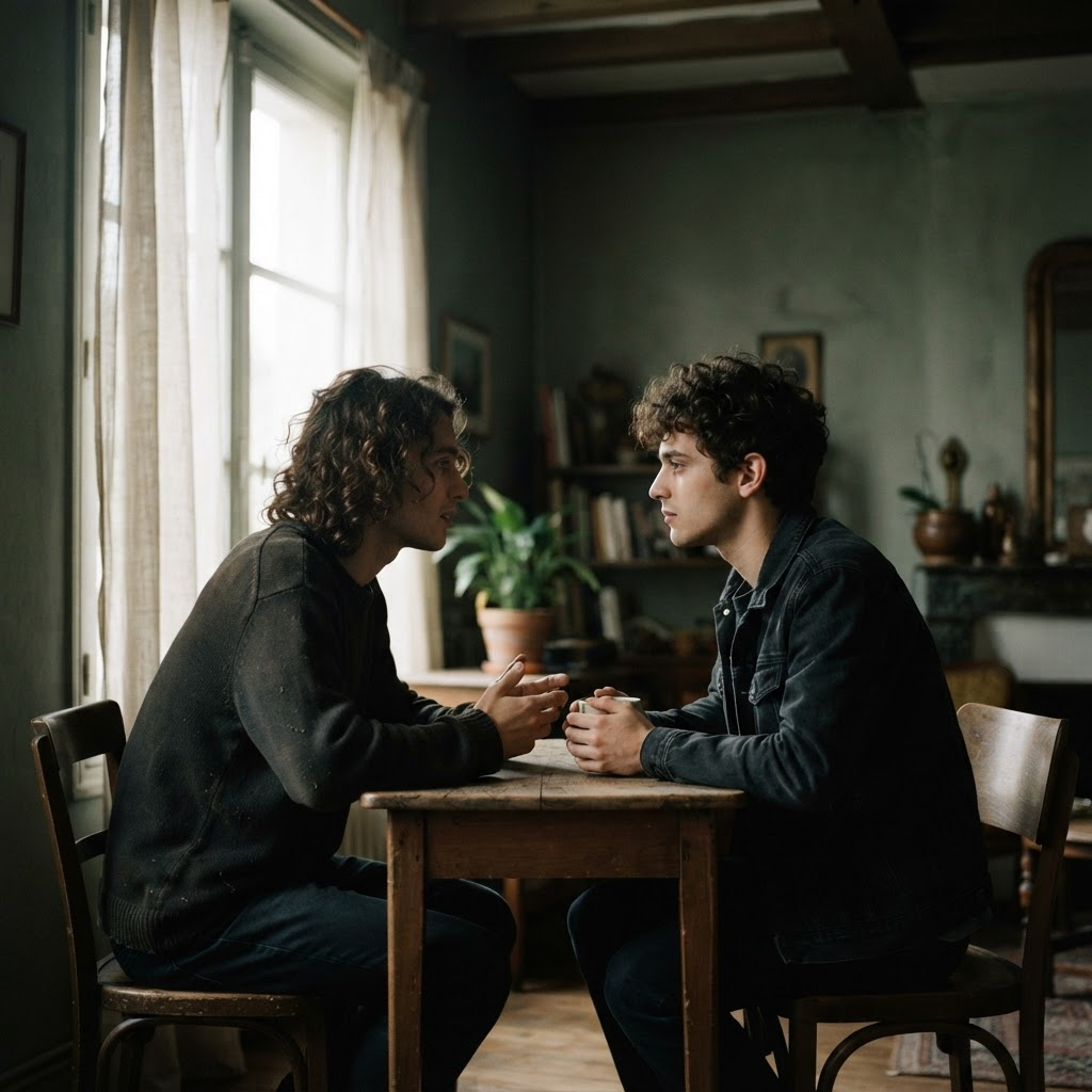Two young men face-to-face in profile near a bright window