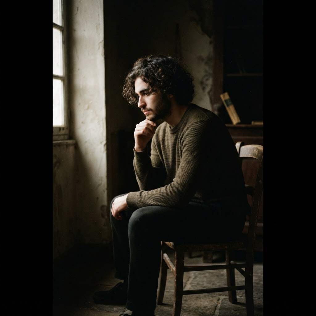Portrait of a young man sitting on a chair in a dark room