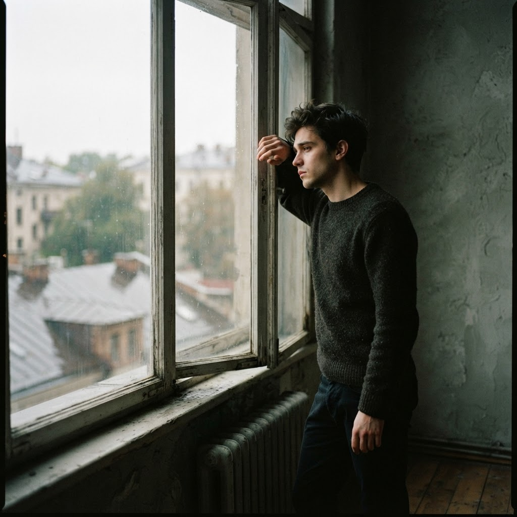 Young man leaning against a wall looking out the window